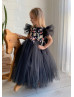 Black 3D Floral Lace Tulle Flower Girl Dress With Bow Black 3D Floral Lace Tulle Flower Girl Dress With Bow